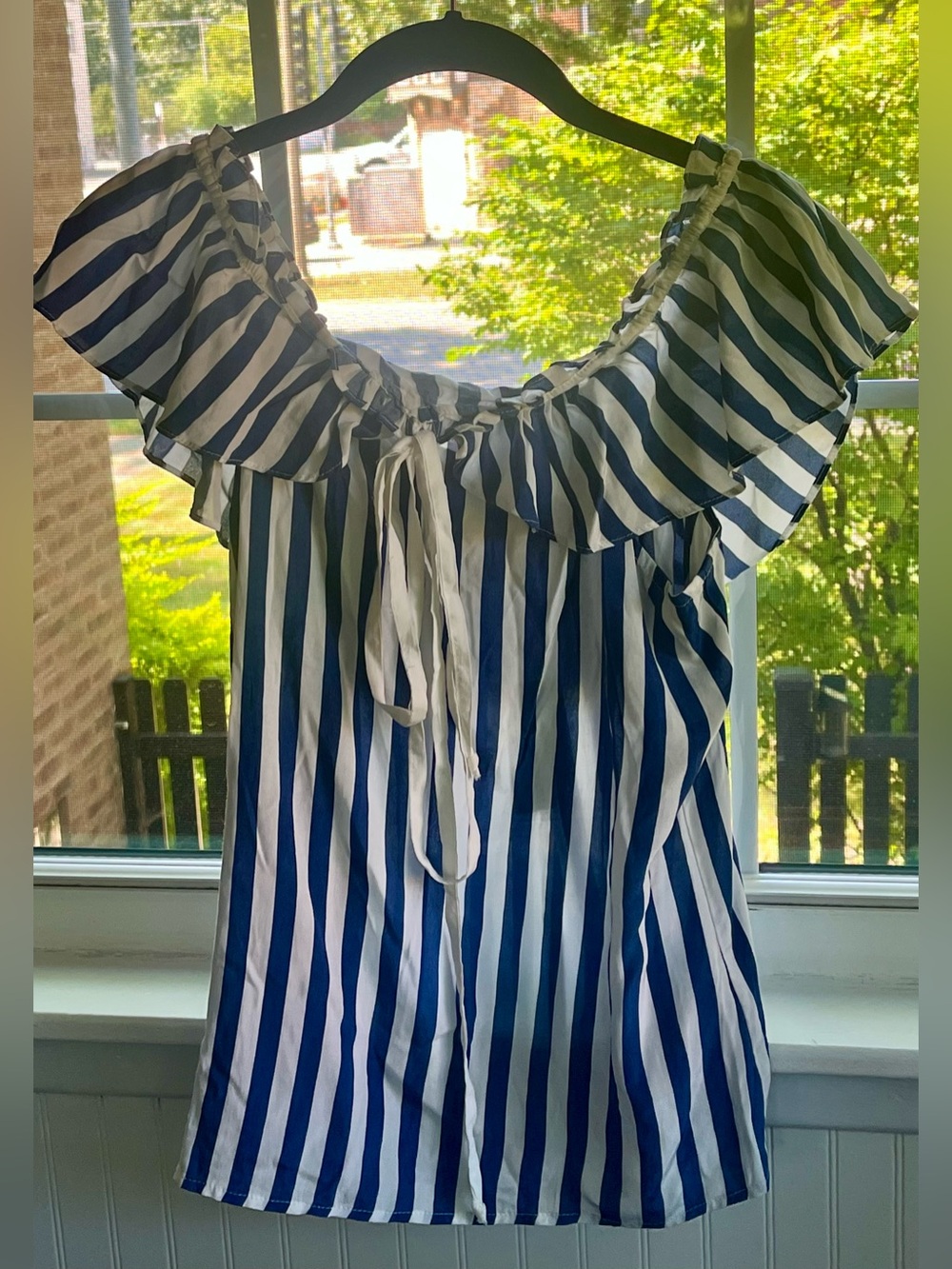 Anthropologie Larke Navy and White Striped Off-Shoulder Top